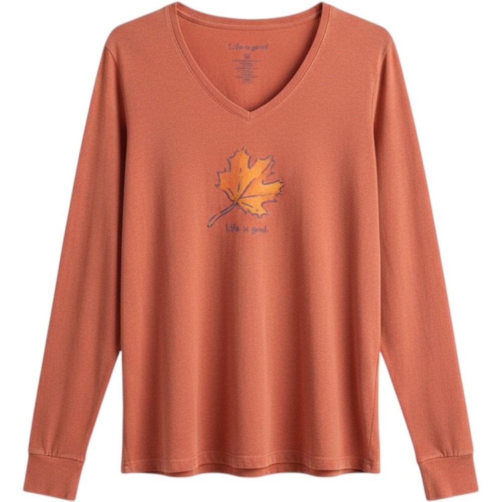 Life is Good T-Shirt Women L Coral Maple Leaf Graphic V-Neck Long Sleeve Tee